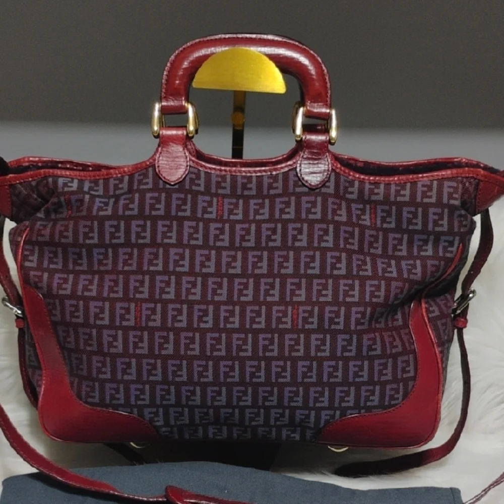 SALE! Fendi Zucchino Canvas Leather Purple/Red Color Combination 2Way & Dust Bag - Picture 3 of 16